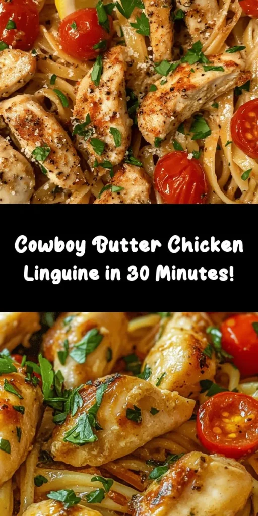 Whip up this Easy Cowboy Butter Chicken Linguine for a quick yet delicious meal! With tender chicken pieces sautéed in a buttery garlic sauce, combined with cherry tomatoes and flavorful spices, it's a dish that brings comfort and style. Tossed with al dente linguine and finished with fresh parsley and Parmesan, it's sure to impress. Perfect for busy weeknights or special gatherings, this recipe is ready in just 30 minutes!