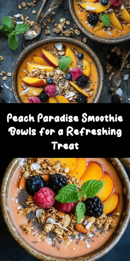 Create a delicious start to your day with these Peach Paradise Smoothie Bowls! Bursting with the flavors of ripe peaches and creamy banana, this easy recipe is perfect for breakfast or a refreshing snack. Blend your fruits with Greek yogurt and almond milk, then top with crunchy granola, vibrant berries, and a sprinkle of chia seeds. Add a touch of honey for sweetness and finish with fresh mint. Enjoy this colorful, nutritious treat in just 10 minutes!
