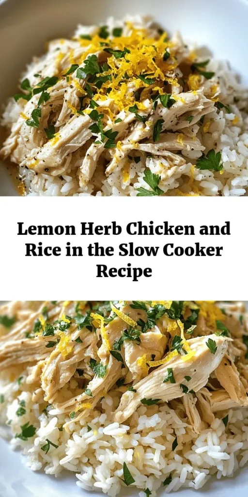Try this delicious Slow Cooker Lemon Herb Chicken and Rice recipe! With tender chicken breasts, fragrant jasmine rice, and a zesty lemon herb sauce, this dish is perfect for busy weeknights. Just layer the ingredients in your slow cooker and let it do the magic for 6-7 hours. Optional frozen peas add a pop of color and nutrition. Finish with fresh parsley for a beautiful presentation. Easy, flavorful, and satisfying!