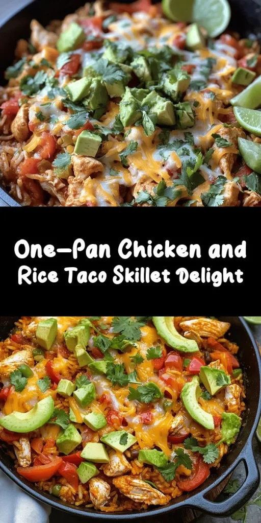 Make meal time a breeze with this Chicken and Rice Taco Skillet! Packed with tender chicken, flavorful veggies, and perfectly cooked rice, this one-pan dish is full of vibrant taco flavors. It’s topped with melted cheese and served with creamy avocado, fresh cilantro, and zesty lime. Ready in just 40 minutes, it’s perfect for busy weeknights. Serve it in taco shells or enjoy it on its own for a deliciously easy dinner!