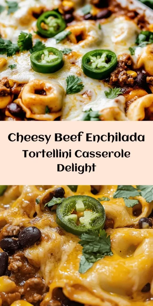 Indulge in this cheesy beef enchilada tortellini for a comforting dinner that’s packed with flavor! This easy recipe combines ground beef, savory enchilada sauce, black beans, and corn with tender cheese tortellini, all topped with melted cheddar and Monterey Jack cheese. Bake until golden and bubbly, then garnish with fresh cilantro and jalapeños for an extra kick. Perfect for any night of the week and sure to please the whole family!