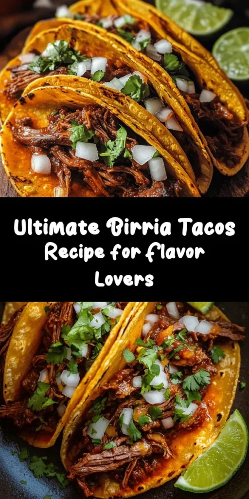 Dive into the rich and savory world of Birria Tacos with this delightful recipe! Featuring tender beef chuck roast and short ribs, these tacos are packed with flavor from toasted guajillo and ancho chilies. Simmered to perfection and served with warm corn tortillas, each bite is a mouthwatering experience. Top with fresh cilantro and diced onions, and don’t forget the lime for that extra zing. Perfect for dinner or any special occasion! 🌮✨