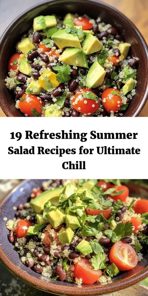 Beat the summer heat with these 19 unique and healthy salad recipes! From a refreshing Quinoa and Black Bean Fiesta Salad to a vibrant Watermelon and Feta Salad, each dish is packed with flavor and nutrients. Perfect for hot days, these salads are easy to prepare in under 30 minutes. With fresh ingredients like avocados, fruits, and veggies, you'll find the ideal meal to keep you energized. Dive into these delicious recipes that celebrate summer’s bounty!