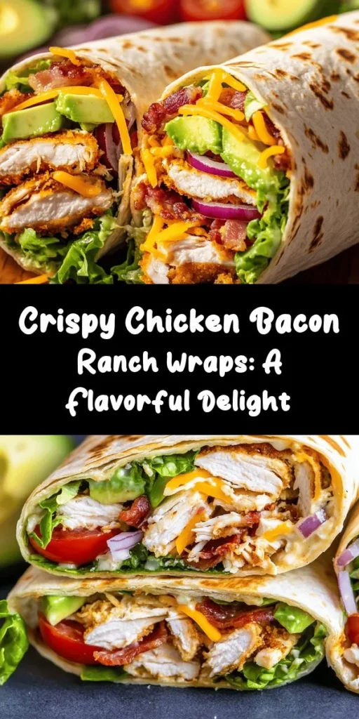 Indulge in the deliciousness of this Crispy Chicken Bacon Ranch Wrap! Perfectly cooked flour tortillas are filled with tender shredded chicken, crispy bacon, fresh romaine, cherry tomatoes, red onion, and cheddar cheese, all tossed in creamy ranch dressing. Ready in just 30 minutes, this recipe is great for a quick lunch or dinner. For an extra crunch, try pan-frying the wraps. Slice them up and enjoy with your favorite dipping sauce. Don’t forget to add avocado for creamy goodness!