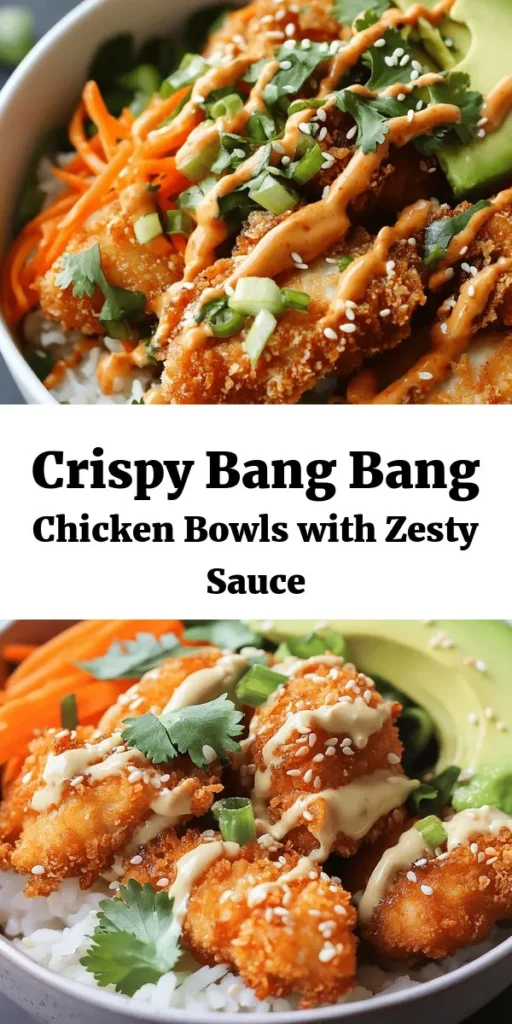 Savor the flavor with these Bang Bang Chicken Bowls! Perfect for a hearty meal, this recipe features crispy fried chicken thighs served over a bed of fluffy jasmine rice. Topped with vibrant shredded carrots, creamy avocado, and a drizzle of delicious homemade Bang Bang sauce, each bowl is a burst of taste. Quick to prepare and packed with flavor, this dish is sure to impress. Ideal for any night of the week; enjoy cooking!