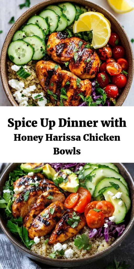 Elevate your weeknight dinner with these Honey Harissa Chicken Bowls! This recipe features tender, marinated chicken thighs grilled to perfection and served over a fluffy quinoa base. Toss in fresh cherry tomatoes, crunchy cucumbers, vibrant red cabbage, and creamy avocado for a burst of flavor and color. Drizzled with honey harissa goodness and topped with herbs and feta, it’s a nutritious and satisfying meal. Perfect for meal prep or a fun family dinner!