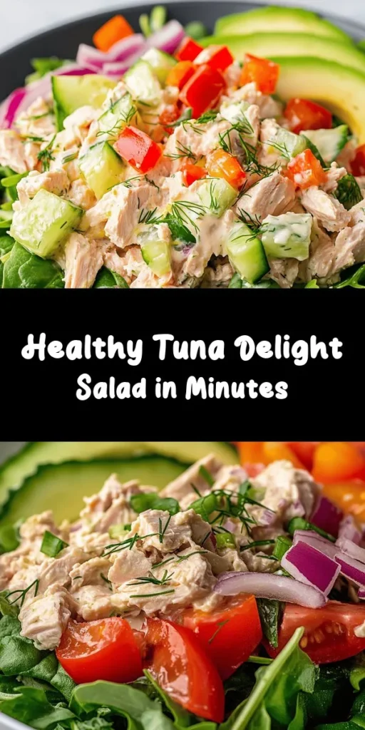 Looking for a refreshing and nutritious meal? Try this Tasty Tuna Delight Salad! Made with flaky tuna, creamy Greek yogurt, and a vibrant mix of veggies like celery, bell pepper, and cucumber, it's bursting with flavor. Perfect for lunch or dinner, this salad pairs beautifully with a bed of mixed greens. Top it with avocado for added creaminess and healthy fats. Ready in just 10 minutes, it's a quick and delicious choice you won't want to miss!