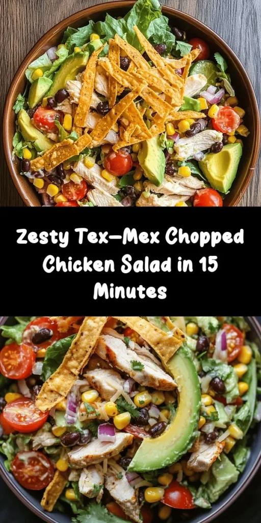 Bright, fresh, and full of flavor, this Tex-Mex Chopped Chicken Salad is the perfect dish for a quick lunch or dinner! Packed with diced chicken, colorful veggies, black beans, and creamy avocado, it’s dressed in a zesty lime and spice mix that ties everything together. Top it off with shredded cheese and crunchy tortilla strips for extra texture. Whip it up in just 15 minutes for a delicious meal that’s sure to impress!