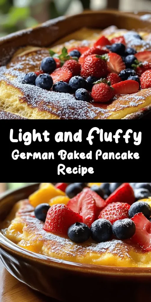 Discover the joy of making a Fluffy German Delight with this easy Baked German Pancake recipe! Perfect for breakfast or brunch, this dish combines eggs, milk, flour, and a hint of vanilla for a delightful puffy pancake that bakes to golden perfection in just 20-25 minutes. Top it with fresh fruits and a dusting of powdered sugar, then drizzle with maple syrup for a sweet finish. Quick to prepare and absolutely delicious, it serves 4-6 people and is sure to be a crowd-pleaser!