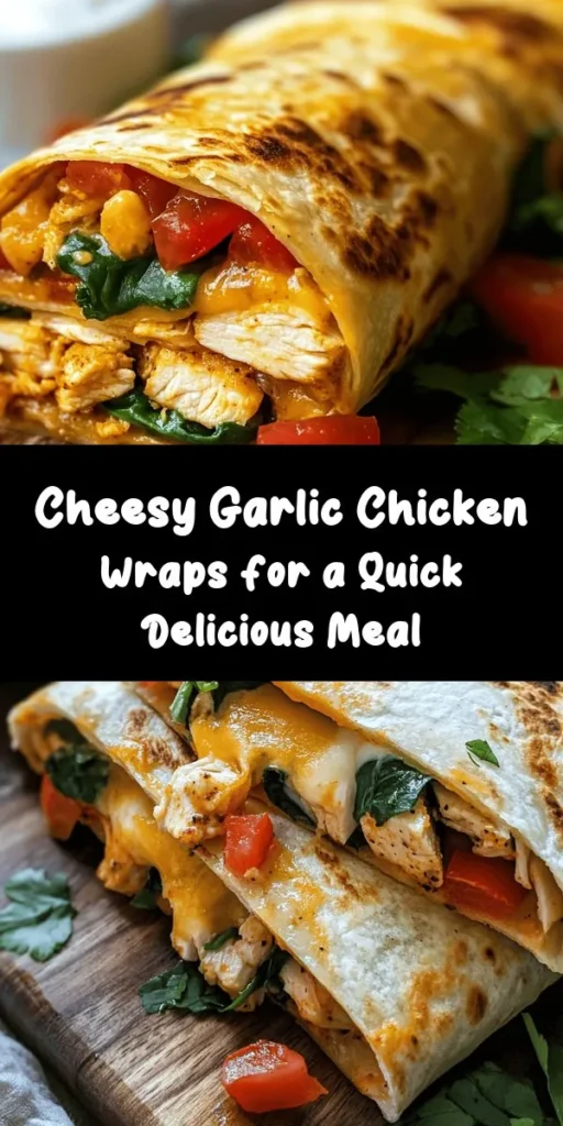 Indulge in these Cheesy Garlic Chicken Wraps that are perfect for a quick and satisfying meal! With tender chicken, melted mozzarella and cheddar, and a burst of garlic flavor all wrapped in a warm tortilla, these wraps are sure to become a favorite. Packed with fresh spinach and tomatoes, they are both delicious and nutritious. Whether for lunch or dinner, serve them warm with a side of sour cream for extra creaminess. Enjoy this tasty treat in just 30 minutes!