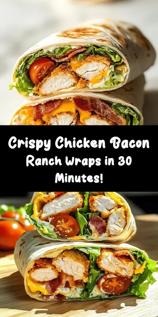 Elevate your lunch game with these deliciously crispy Chicken Bacon Ranch Wraps! Packed with tender chicken, crispy bacon, fresh romaine lettuce, juicy cherry tomatoes, and gooey cheddar cheese, all wrapped in a flour tortilla and drizzled with ranch dressing. Perfect for a quick meal at home or on-the-go. In just 30 minutes, you can prepare a delightful dish that's sure to impress. Don't forget to serve it with extra ranch for dipping!