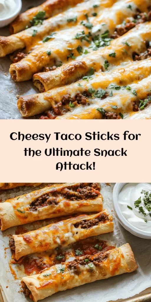 Indulge in these mouthwatering Cheesy Taco Sticks! Perfect for a snack or party, they're made with seasoned ground beef or turkey, colorful diced veggies, and a melty mix of cheddar and mozzarella, all wrapped in warm pizza dough or tortillas. Just bake until golden and serve with salsa and sour cream for a delicious dip. Quick to prep and easy to make, this recipe is sure to please taco lovers of all ages. Enjoy the cheesy goodness today!