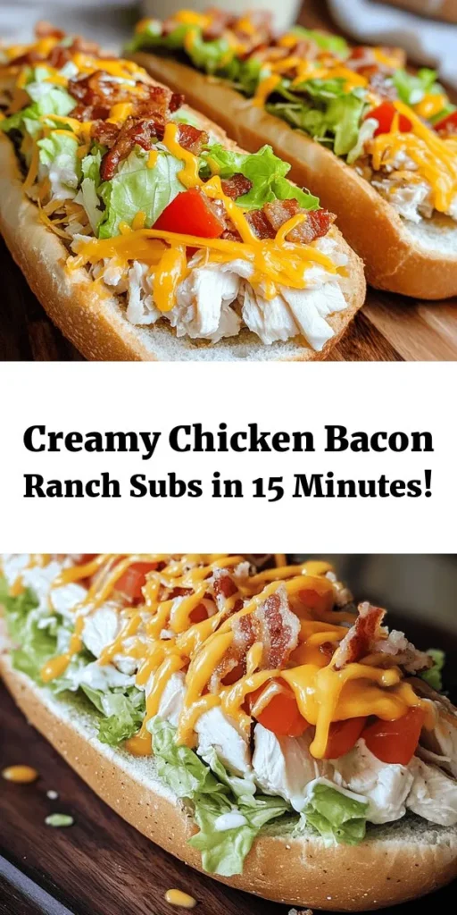 Savor the deliciousness of these Chopped Chicken Bacon Ranch Subs! Perfect for a quick lunch or a satisfying dinner, this recipe combines tender chicken, crispy bacon, and creamy ranch dressing, all topped with fresh lettuce, juicy tomatoes, and melty cheddar cheese. Easy to prepare in just 15 minutes, these whole wheat subs promise a flavor-packed bite that everyone will love. Give them a try and enjoy a taste sensation!