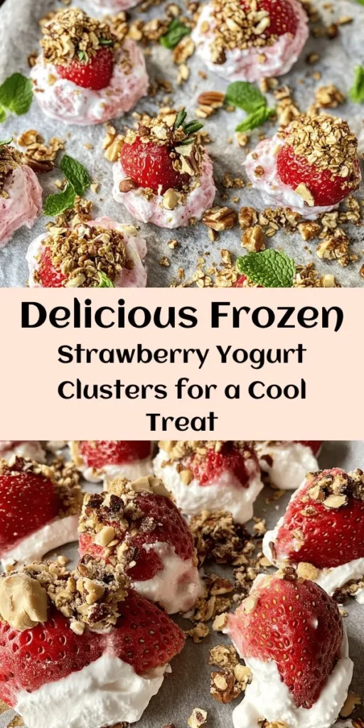 Beat the heat this summer with these delightful Frozen Strawberry Yogurt Clusters! Made with fresh strawberries, creamy Greek yogurt, honey, and a touch of vanilla, they are the perfect guilt-free treat. Customize with crushed nuts, granola, or coconut for extra crunch. Easy to make, these clusters are frozen to perfection and ready to enjoy anytime. Perfect for snacking or dessert, just scoop, freeze, and indulge! Refreshing and nutritious, your summer cravings will thank you!
