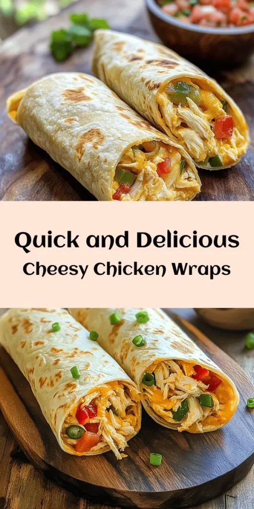 Discover the ultimate comfort food with these Easy Cheesy Chicken Wraps! Packed with shredded chicken, creamy cheeses, and vibrant bell peppers, they're a deliciously satisfying meal ready in just 20 minutes. Perfect for using up leftovers or rotisserie chicken, these wraps are grilled to golden perfection. Enjoy them warm with your favorite dips like salsa or guacamole for an extra burst of flavor. Quick, easy, and oh-so-cheesy!
