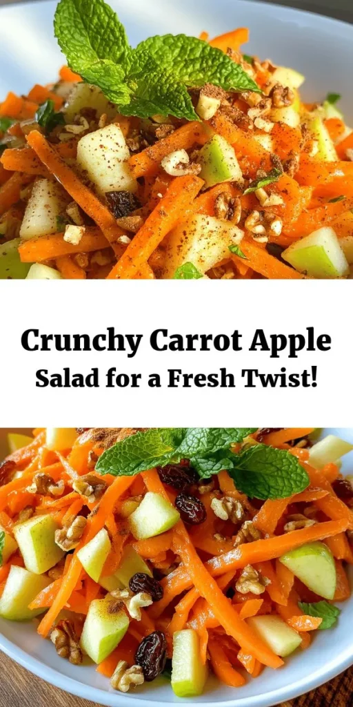 Discover the refreshing Crunchy Carrot Apple Delight, a perfect blend of crisp grated carrots and sweet apples. This vibrant salad, sprinkled with raisins, walnuts, and a hint of cinnamon, is drizzled with a zesty lemon-honey dressing for added flavor. Serve it chilled or at room temperature as a nutritious side or snack. Simple to make and packed with crunch, it's sure to brighten up any meal! Enjoy the delightful combination today!