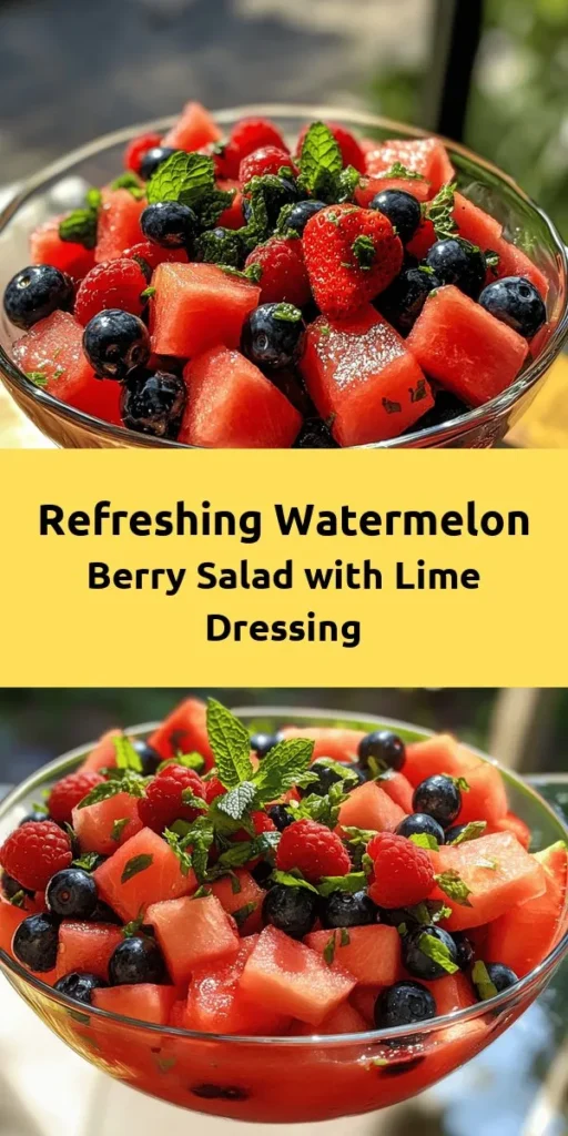 Refresh your summer days with this vibrant Watermelon Berry Bliss Salad! Bursting with juicy watermelon, strawberries, blueberries, and raspberries, this colorful dish is enhanced with a zesty lime dressing that's both sweet and tangy. Perfect as a light dessert or a side dish, it’s easy to prepare in just 15 minutes. Add a touch of fresh mint for an extra burst of flavor. Chill for a cool treat and enjoy this delightful salad with family and friends!