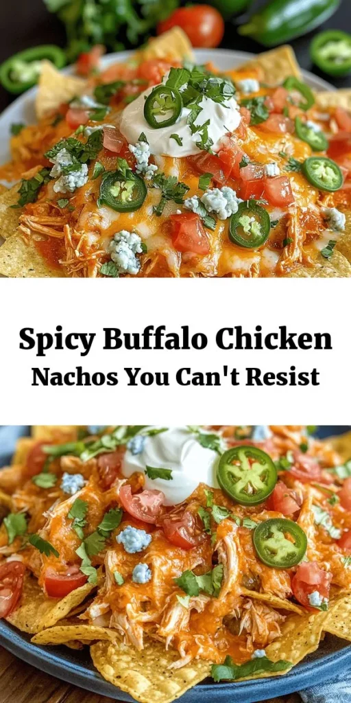 Spice up your game day with these delicious Spicy Buffalo Chicken Nachos! Made with shredded chicken tossed in zesty Buffalo sauce, layered on crispy tortilla chips, and topped with gooey cheddar and blue cheese. Don't forget the fresh green onions, tomatoes, and jalapeños for an extra kick! Baked to perfection in just 15 minutes, serve them hot with creamy sour cream and cilantro on the side. Perfect for sharing or indulging solo!
