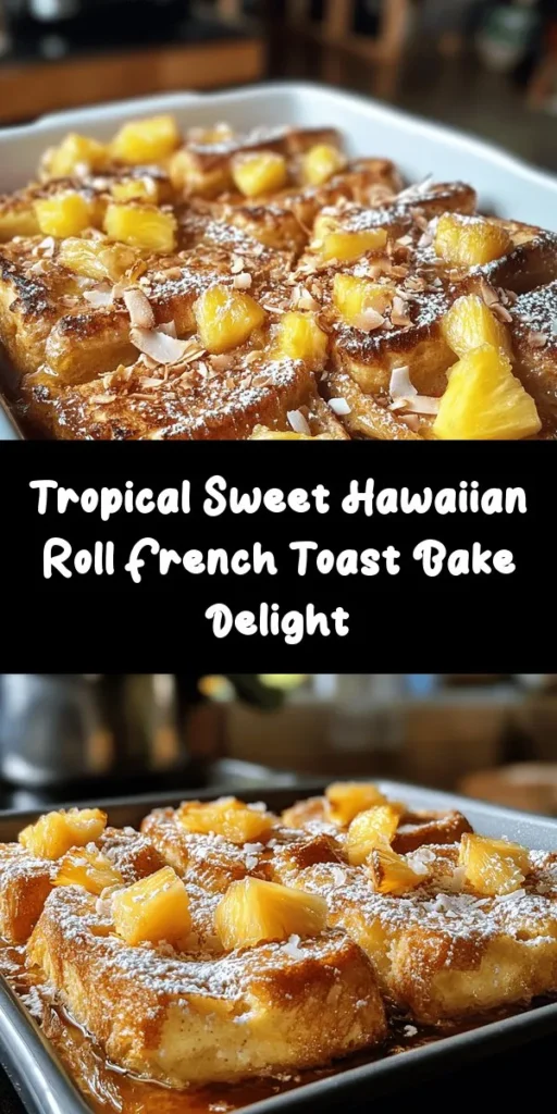Indulge in this delightful Sweet Hawaiian Roll French Toast Bake! Perfect for brunch or a cozy breakfast, this recipe combines fluffy Hawaiian rolls with a rich custard of eggs, milk, and cream, accented by sweet pineapple and optional toasted coconut. Simply layer the ingredients, let them soak, and bake until golden. Serve warm with a drizzle of maple syrup and a dusting of powdered sugar for a tantalizing treat that will impress everyone at your table!