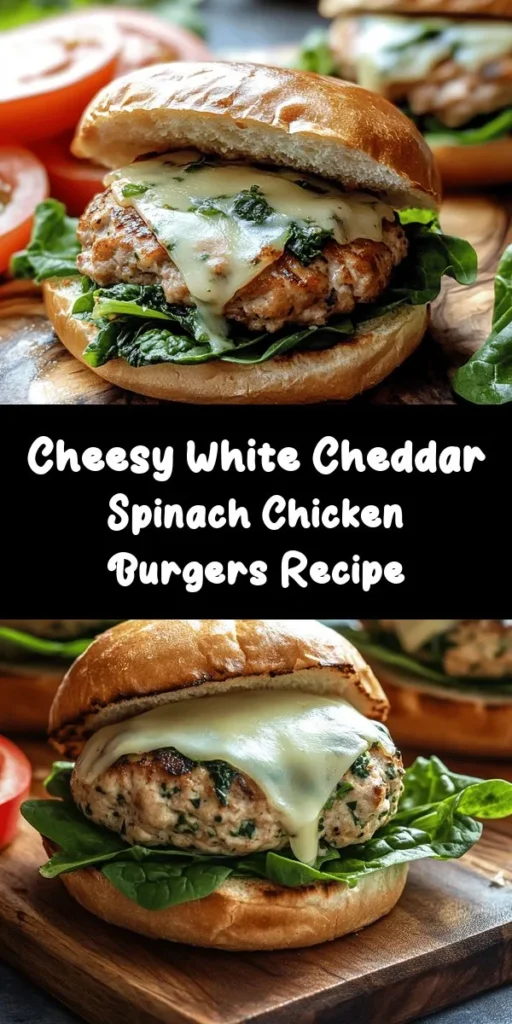 Elevate your burger game with these delicious White Cheddar & Spinach Chicken Burgers! Juicy ground chicken blended with fresh spinach, creamy white cheddar, and savory spices make for a mouthwatering meal. Perfectly cooked and topped with your favorite extras, these burgers are not only quick to prepare but also packed with flavor. Ideal for weeknight dinners or weekend gatherings. Dive into this tasty recipe and impress everyone at the table!