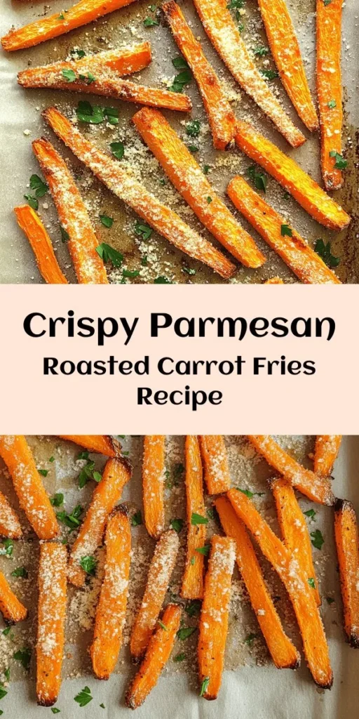 Looking for a delicious and healthy snack? Try these Parmesan Roasted Carrot Fries! Simply toss cut carrots in olive oil and coat with Parmesan cheese and spices for a flavor-packed treat. Roast them in the oven until crispy and golden brown for 25-30 minutes, and garnish with fresh parsley. Perfect as a side dish or a savory snack that's sure to impress! Easy to make, and so tasty!
