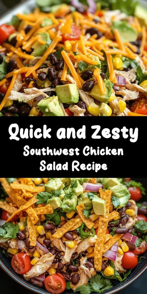 Looking for a fresh and satisfying salad that’s quick to make? Try this Southwest Chicken Salad! Packed with shredded chicken, black beans, corn, bell peppers, and avocado, it's a vibrant and healthy choice for any meal. Toss everything together with a zesty lime dressing and finish with shredded cheese and crispy tortilla strips for extra crunch. Perfect for a quick lunch or a light dinner, enjoy a burst of flavor in just 15 minutes!