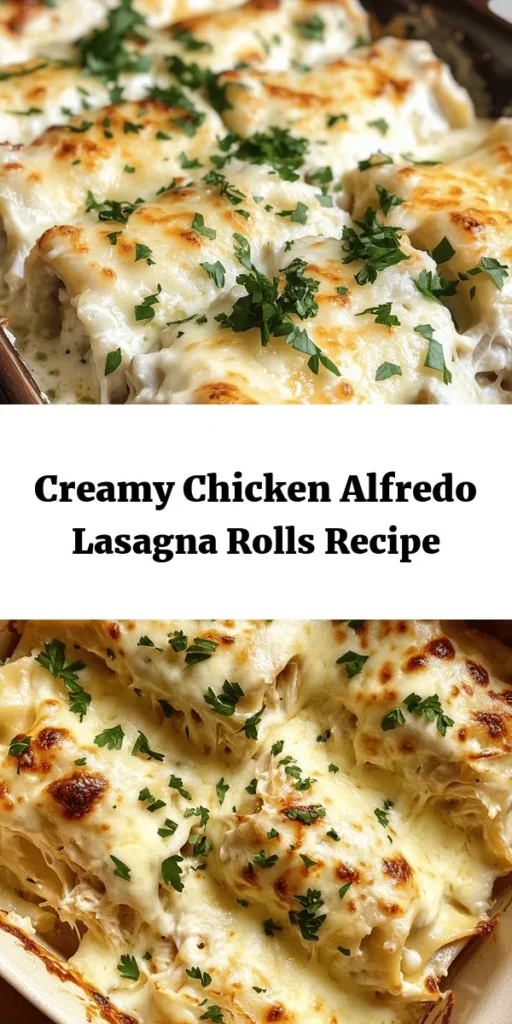 Indulge in this delicious Chicken Alfredo Lasagna Rolls recipe! Perfectly cooked lasagna noodles are filled with a creamy mixture of shredded chicken, ricotta, and Italian cheeses, then rolled and topped with rich Alfredo sauce. Baked to bubbly perfection, these rolls are a comforting dish that will please any crowd. Easy to assemble and packed with flavor, they make for a delightful dinner the whole family will enjoy. Don't forget the parsley garnish for a vibrant finish!