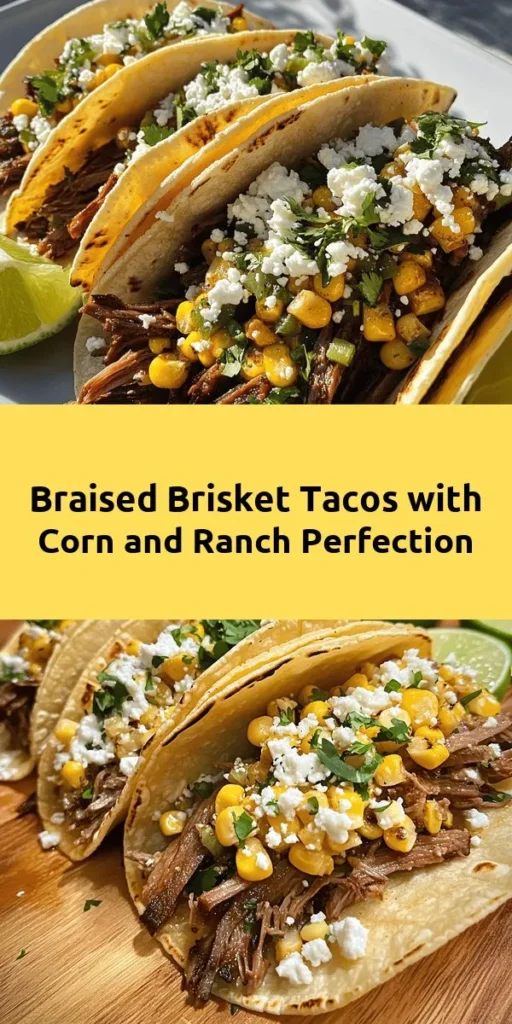 Indulge in the ultimate flavor explosion with these Braised Brisket Tacos, topped with smoky street corn and a zesty jalapeño lime ranch. This recipe features tender, flavorful brisket cooked to perfection and grilled corn slathered in cotija cheese. Easy to assemble with warm corn tortillas, every bite is a delight! Perfect for taco night or gatherings, these tacos are sure to impress. Fresh avocado and lime wedges add the finishing touch.