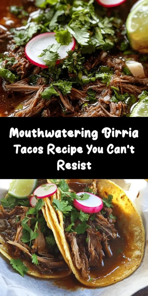 Discover the mouthwatering world of my favorite Birria Tacos! This incredible recipe brings together tender beef chuck and short ribs marinated in a rich blend of authentic spices and chilies. You'll love soaking corn tortillas in savory consommé and filling them with juicy, shredded meat. Garnish with fresh cilantro and radishes, and serve with lime wedges for the perfect touch. Perfect for gatherings, these tacos offer a taste of tradition that's sure to impress!