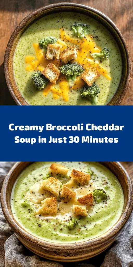 Warm up with this Creamy Broccoli Cheddar Delight, a deliciously smooth and cheesy soup that's perfect for any occasion! Featuring fresh broccoli, savory onions, and a rich blend of cheddar cheese and cream, this recipe is quick to make and satisfies hungry bellies. In just 30 minutes, you can have a comforting bowl ready to enjoy. Serve with croutons or extra cheese for an irresistible finish. Perfect for cozy nights or as a delightful appetizer! 🥦🧀