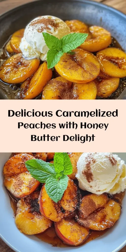 Indulge in the sweet delight of Caramelized Pan-Fried Peaches with Honey Butter! This quick and easy recipe combines ripe peaches with buttery goodness, brown sugar, and a hint of cinnamon, all gently caramelized for a warm, inviting treat. Finished with a drizzle of honey and served with vanilla ice cream, these peaches are perfect for a summer dessert or a cozy evening snack. Don't forget to garnish with fresh mint for a pop of color!