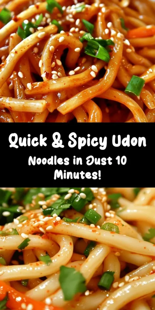 Experience a burst of flavor with these 10-Minute Chili Oil Udon Noodles! Perfect for a quick dinner or snack, this recipe combines chewy udon noodles with a spicy chili oil sauce, garlic, and hints of soy and sesame. Top it off with fresh green onions, sesame seeds, and optional garnishes like julienned carrots and cilantro for a delicious finish. Ready in just 10 minutes, this dish is sure to become a favorite for spice lovers!